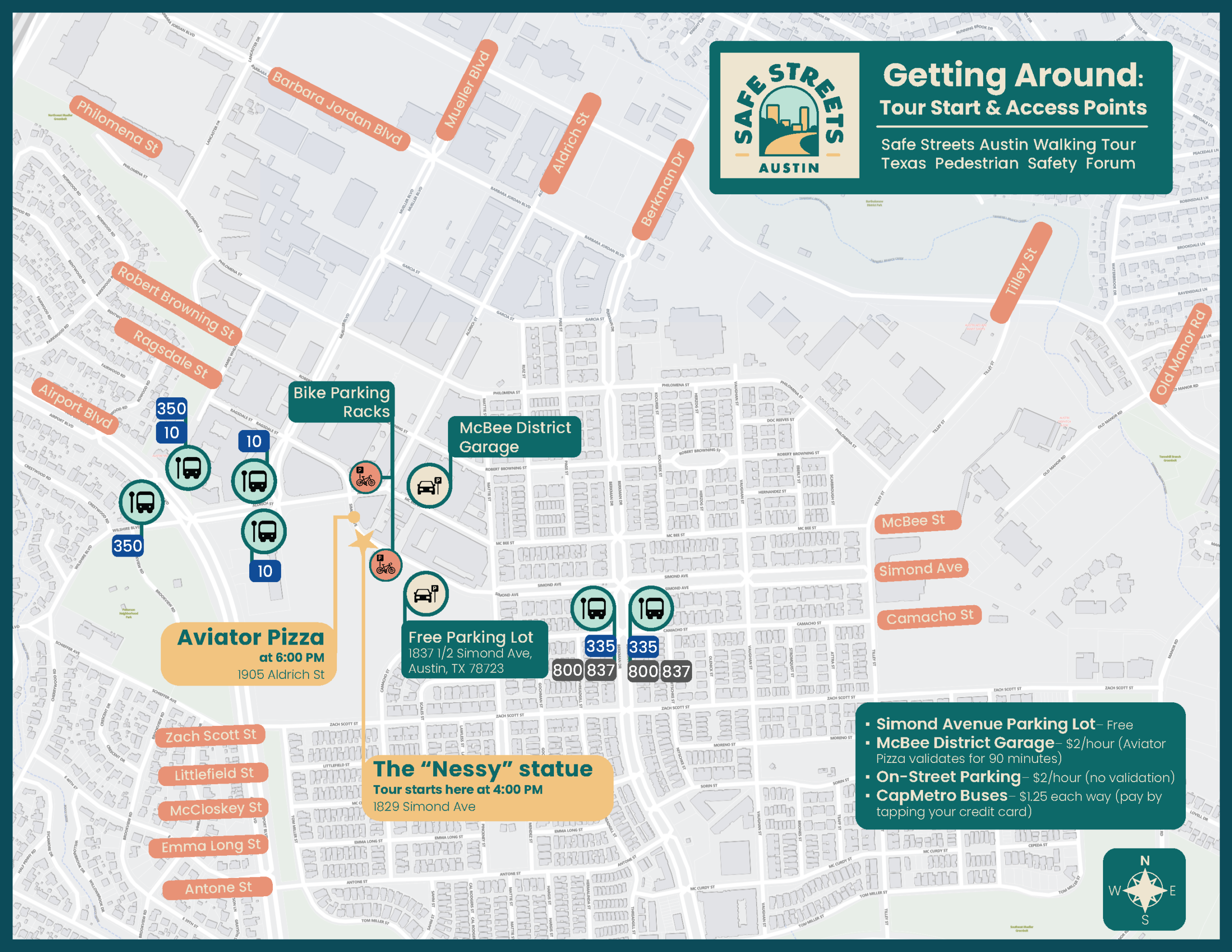 Map of the Mueller neighborhood showing the tour start point at the 'Nessy' statue on Simond Ave, the Aviator Pizza end point on Aldrich St, the free Simond Avenue parking lot, the McBee District parking garage, bike parking racks, and CapMetro bus stops for routes 10, 335, 350, 800, and 837.