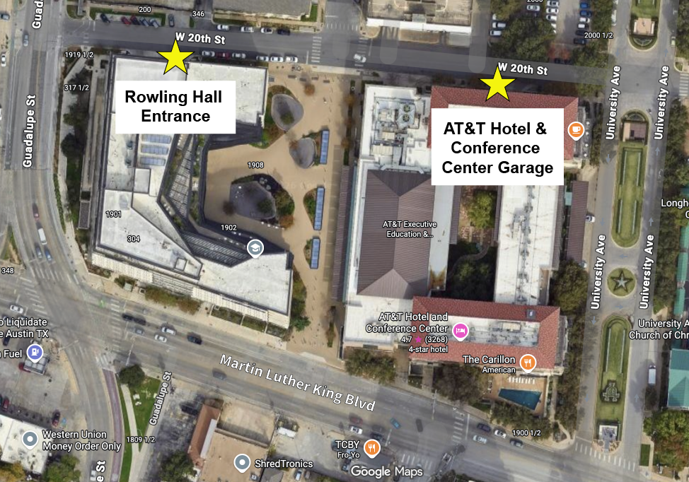 Aerial area map showing the Rowling Hall Garage entrance and the AT&T Parking Garage entrance, both on W 20th Street, with the AT&T Hotel and Conference Center building in between.